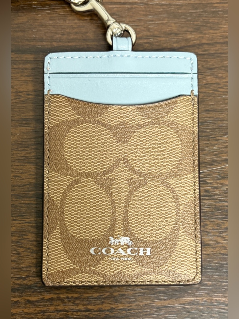 COACH Signature Leather ID Card Holder Lanyard- Light Khaki/Blue